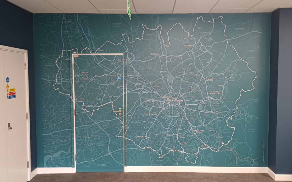 Large format map wall graphic at an office in Manchester