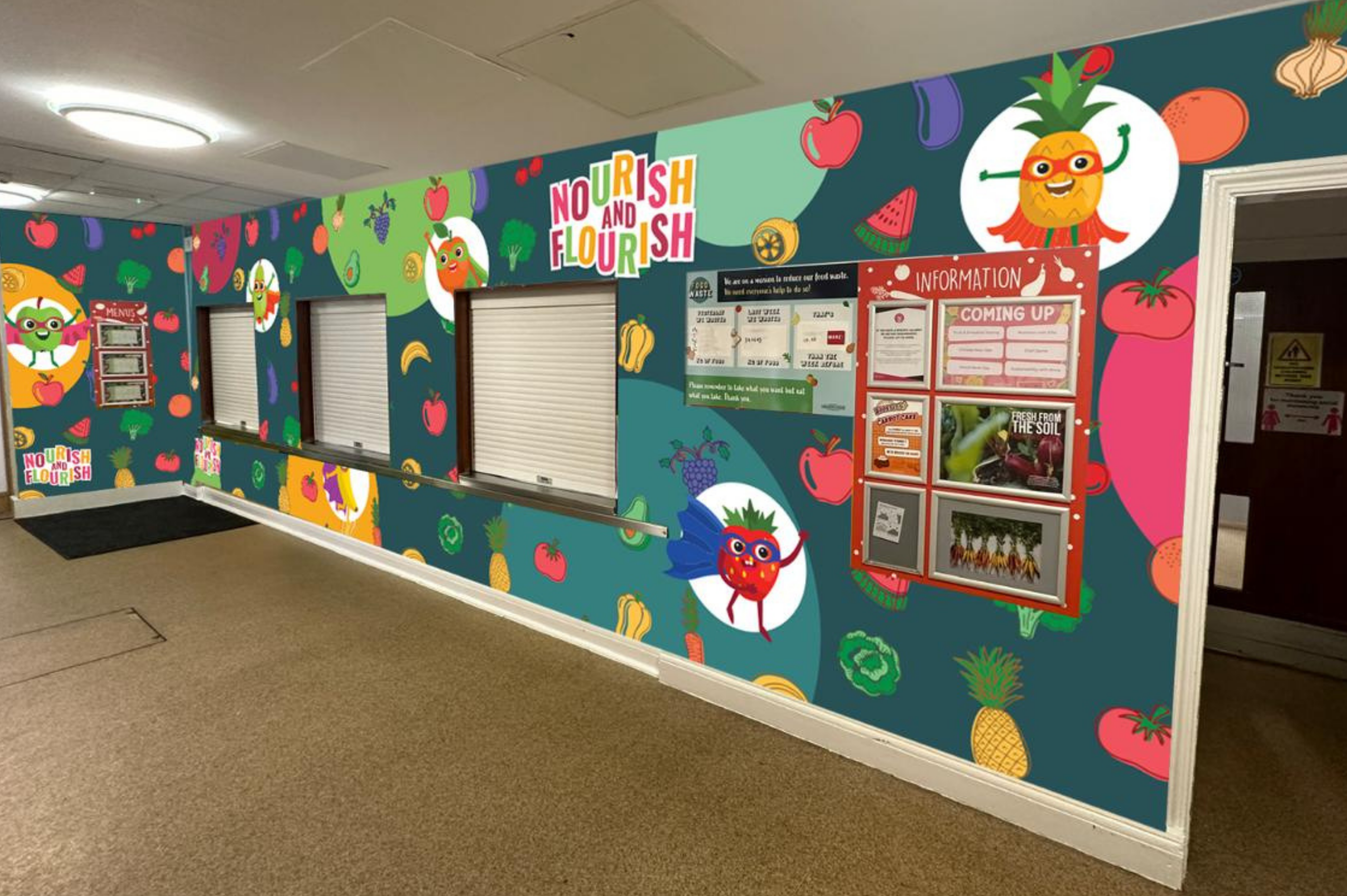 Colourful school wall graphics in cafeteria area