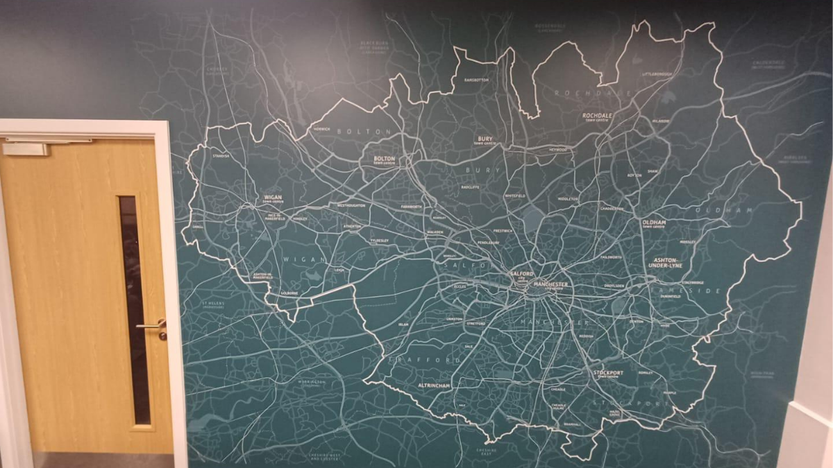 Printed map wall graphic at Manchester office location